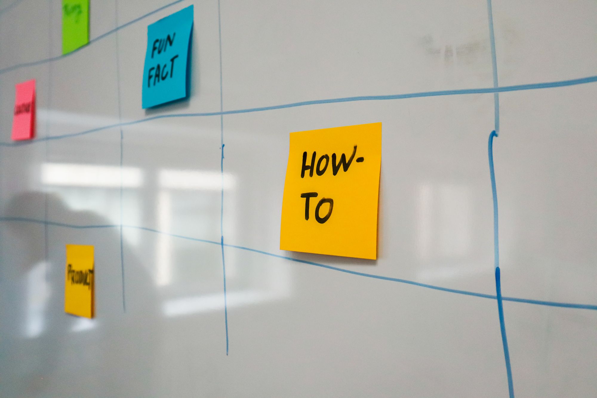 Organisiertes Whiteboard mit bunten Klebezetteln zur Planung und Strategiearbeit